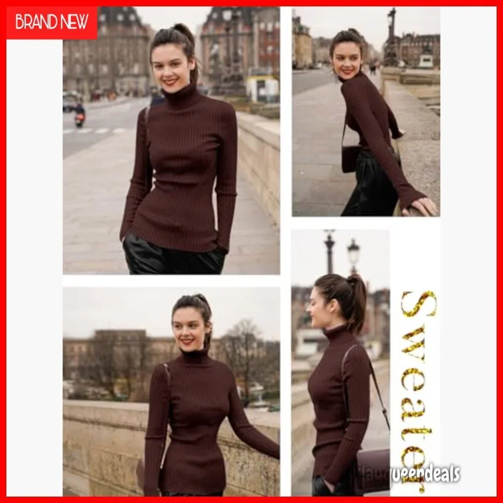 Ribbed Turtleneck Sweater Slim Fit Pullover Viscose Knit Long Sleeve